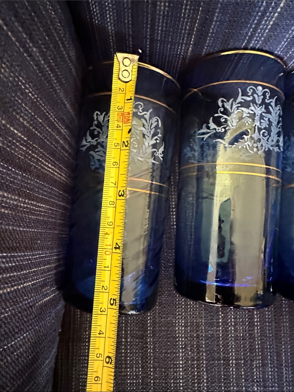 Set of 6 blown glass pontil cobalt blue gilt edge highball glasses and ice bowl - Picture 8 of 8